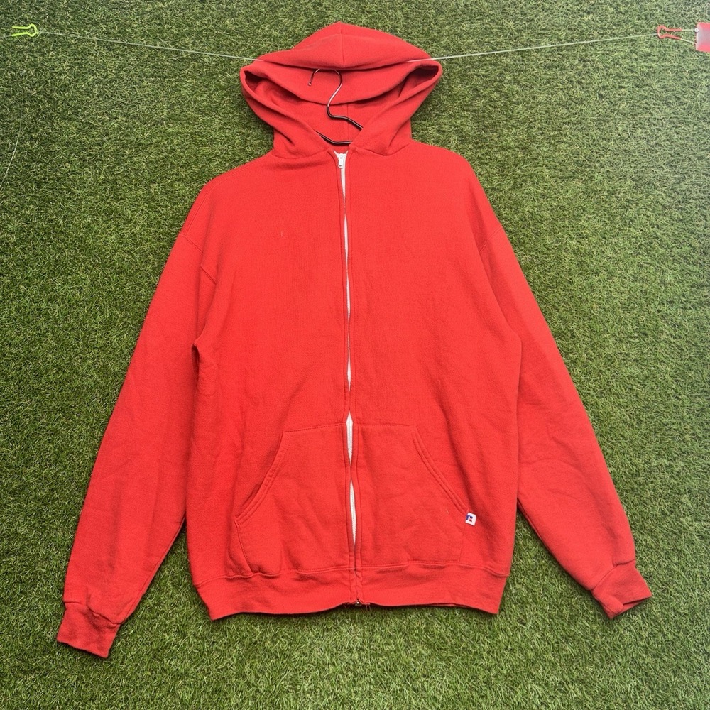 Vintage 90s Russell Athletic Hoodie Men XL Fits Large Red Zip Up Blank Y2K USA